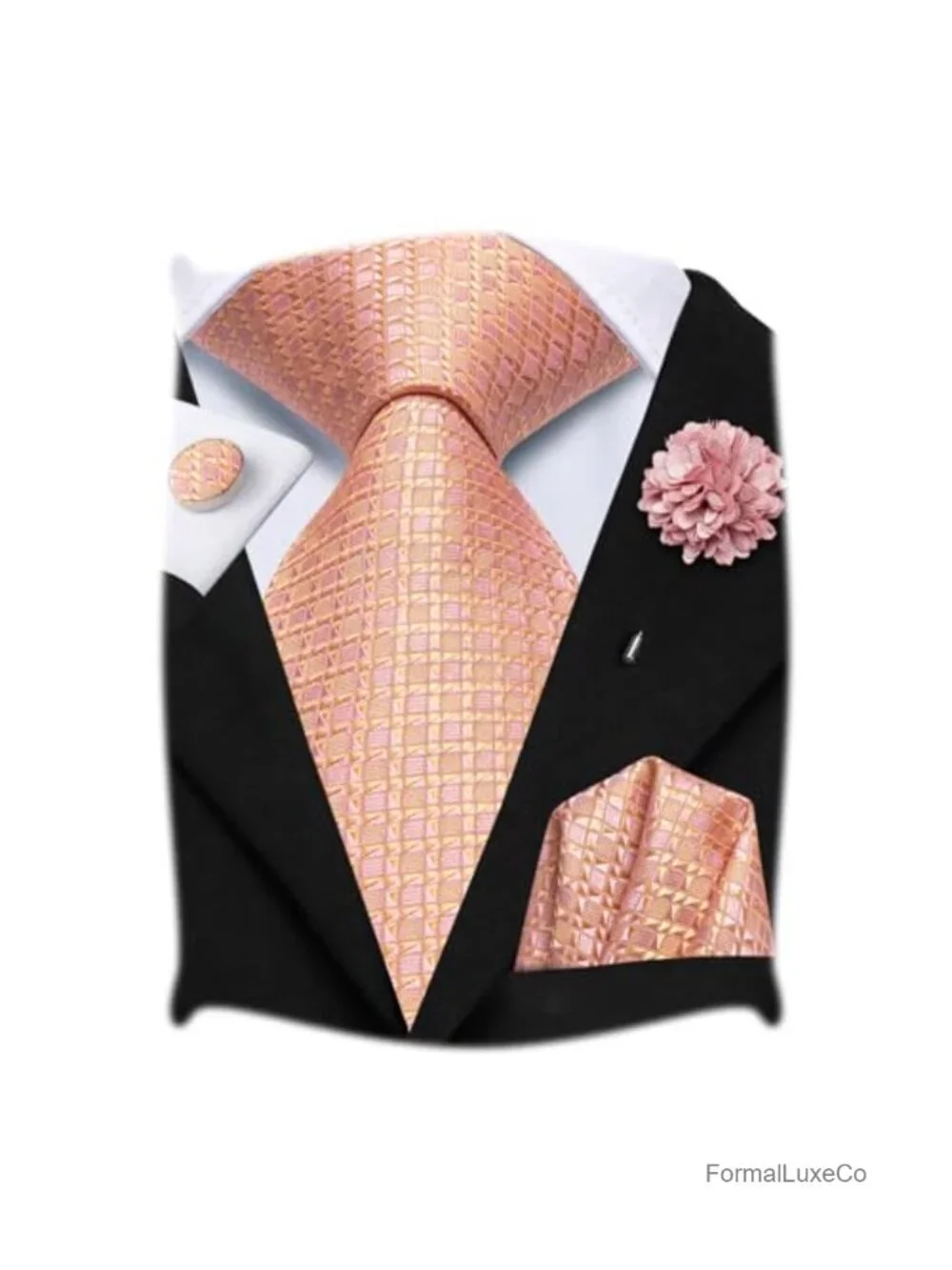 Silk Tie Set with Pocket Square, Lapel Pin, Cufflinks for Men's Wedding